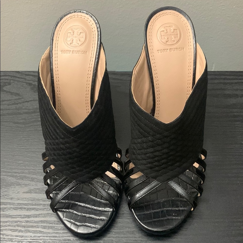 Tory Burch Woven Suede & Patent  Leather Mules